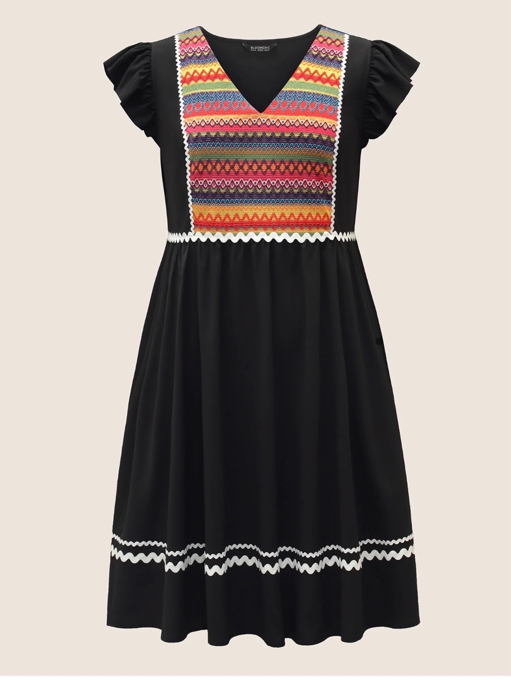 BloomChic Teal Embroidered Patchwork Flounce Sleeve Dress - Picture 4 of 7